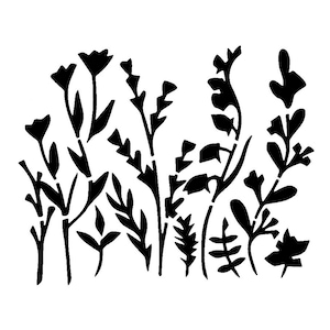 Vraiment super pochoirs, grandes fleurs une, pochoir 4 x 6", fleurs sauvages, floral, jardin, grande fleur, hautes herbes, recto de la carte, tiges, feuilles