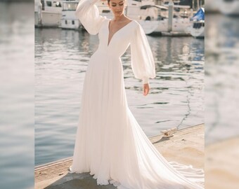 Elegant Long Sleeve Wedding Dress  Modest Bridal Gown Simple Rustic Wedding Dress Beach Ceremony Dress Minimalist Boho Wedding Gown