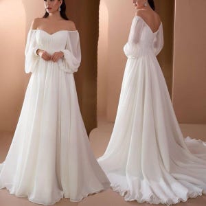 Schulterfrei Langarm Brautkleid Minimalist elegantes Brautkleid kleiner Zug Brautkleid Solid Color modernes Kleid