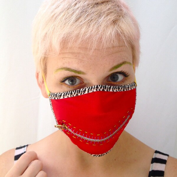 Red and zebra zipper gag mask: for Burning Man, motorcycle riding, alternative to surgical mask