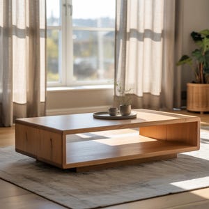 Modern Solid Wood Coffee Table with Rounded Edges, Low Minimalist Wooden Table with Open Shelf, Handmade Contemporary Furniture