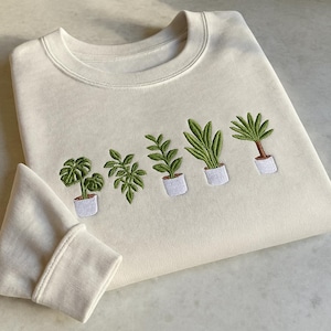 Houseplant Embroidered Shirt – Cute Botanical T-Shirt, Sweatshirt, Hoodie with Green Potted Plants Design, Nature Lover Gift for Plant Moms
