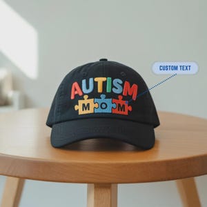 Personalized Autism Mom Embroidered Hat with Custom Puzzle Text | Wash Cap, Baseball Cap, or 2-Tone Cap | Awareness Gift for Her