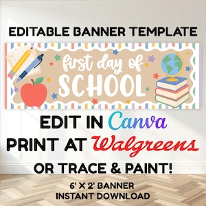 Pode incluir: Um modelo de banner editável com o texto first day of SCHOOL em letras brancas. O design inclui uma maçã vermelha, uma pilha de três livros com um globo terrestre no topo, um lápis, uma caneta e estrelas coloridas num fundo bege.