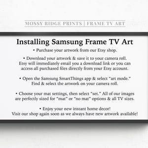 K&ouml;nnte beinhalten: Gerahmter Druck mit Anweisungen zur Installation von Samsung Frame TV-Kunst. Der Text enth&auml;lt Schritte zum Kauf, Herunterladen und Einrichten des Kunstwerks. Der Rahmen ist schwarz, und der Text ist in schwarzer Schrift.