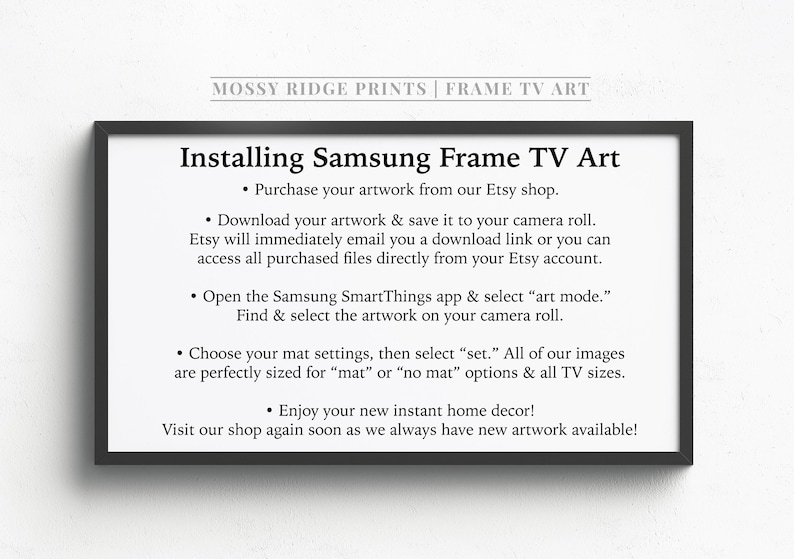 K&ouml;nnte beinhalten: Gerahmter Druck mit Anweisungen zur Installation von Samsung Frame TV-Kunst. Der Text enth&auml;lt Schritte zum Kauf, Herunterladen und Einrichten des Kunstwerks. Der Rahmen ist schwarz, und der Text ist in schwarzer Schrift.