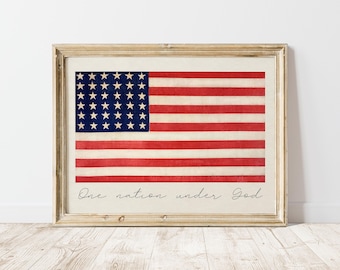 One Nation Under God American Flag Printable Wall Art, Vintage Christian Poster Fourth Of July Decor Patriotic Print, Red White And Blue Art