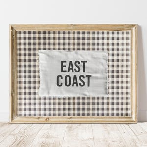 East Coast Printable Wall Art, Preppy Coastal Beach Print, Nautical Nursery Art, Gingham Embroidered Style Wall Hanging, Cottagecore Decor
