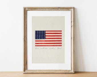 American Flag Printable Wall Art, One Nation Under God Vintage Christian Art, Fourth Of July Decor Patriotic Print Red White And Blue Poster