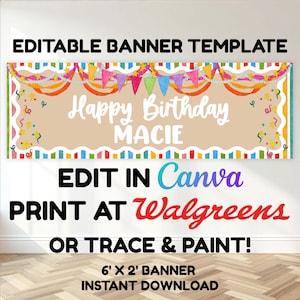 May include: A rectangular birthday banner template featuring a tan center with the white text Happy Birthday MACIE. The border displays colorful vertical stripes, hanging pennant flags, orange streamers, and yellow star confetti accents.