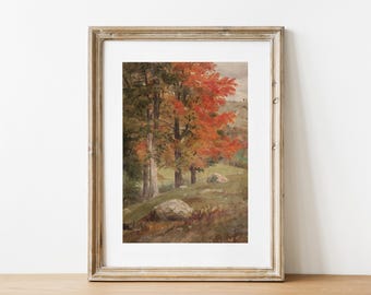 May include: Framed landscape art print featuring a vibrant autumn scene. The artwork depicts trees with red and orange foliage, set against a backdrop of a grassy hill and a cloudy sky. The print is encased in a rustic, light-brown wooden frame.