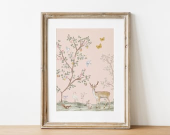 Chinoiserie Printable Wall Art, Pink Nursery Print, Woodland Nursery Art, Animal Decor, Vintage Cottage Core Poster, Girl Baby Shower Gift