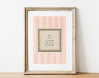 You Are My Sunshine Nursery Wall Art, Neutral Striped Girls Room Print, Cottagecore Kids Room Decor, Digital Download, Vintage Printable Art
