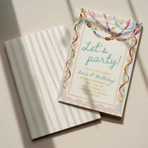 May include: A rectangular birthday invitation card featuring the text Let's party! Join us to celebrate Ava's 6th Birthday, Saturday, September 2nd, 4:30-6:30 PM, 1321 E. Glendale Ct. Please RSVP to Brittney 555-970-2117, with colorful streamers and stars.