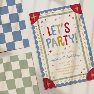 Lets Party Birthday Invitation, Digital Template, Kids Birthday Party Printable Invitation Editable Canva Template Whimsical Boy Invitation