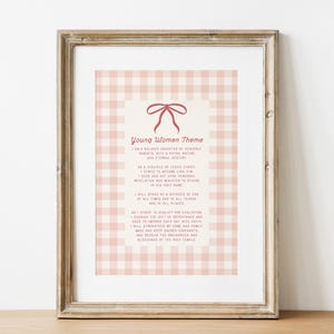 YW Theme Poster, LDS Wall Art, Printable Digital Download, Christian Teen Wall Art, New Young Women Theme Print, Coquette Bow Pink Gingham