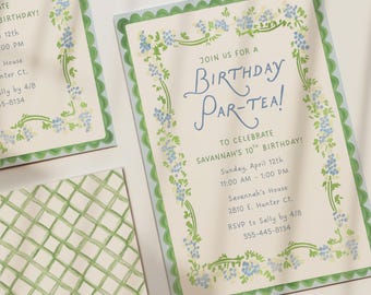 Tea Party Themed Birthday Invitation, Digital Template, Printable Invitation, Editable Canva Template, Girl Party