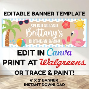 Peut inclure: Un modèle de bannière modifiable avec le texte SPLISH SPLASH Brittany's BIRTHDAY BASH ! Le design comprend un palmier, des lunettes de soleil, un ballon de plage, une fleur d'hibiscus rouge, un soleil jaune, deux sucettes glacées et un flamant rose.