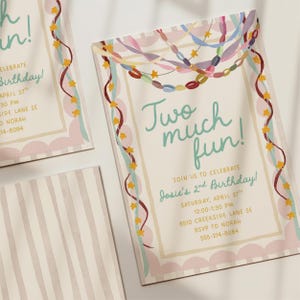 May include: A rectangular birthday invitation card featuring the text Two much fun! and Josie's 2nd Birthday. The design includes colorful garlands, yellow stars, and a scalloped border on a cream background with event details in dark yellow text.