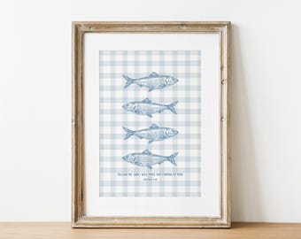 Fishers Of Men Christian Poster, Bible Verse Wall Art, Digital Download Scripture Print, Boy Nursery Fish Decor, Cottagecore Play Room Art