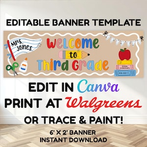 May include: An editable banner template featuring the text Welcome to Third Grade, a pencil, a red apple on a stack of books, scissors, glue, and a pennant flag labeled Mrs. Jones. The design includes a white scalloped border on a tan background.
