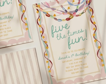 Five Times The Fun Birthday Invitation Digital Template Fifth Birthday Party Printable Editable Canva Template Whimsical Girl Invite