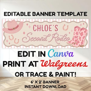 May include: A rectangular banner template featuring a light pink and white striped background with a rope border. It displays the text "CHLOE'S Second Rodeo" in pink, accompanied by illustrations of a pink cowboy hat, horseshoes, and cow-print boots.