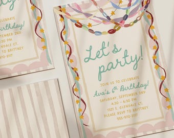 Lets Party Birthday Invitation, Digital Template, Kids Birthday Party Printable Invitation Editable Canva Template Whimsical Girl Invitation