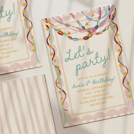 Lets Party Birthday Invitation, Digital Template, Kids Birthday Party Printable Invitation Editable Canva Template Whimsical Girl Invitation