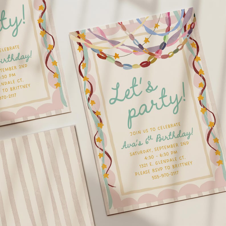 May include: A rectangular birthday invitation card featuring a cream background with a scalloped pink border and colorful streamers with yellow stars. The text reads: Let's party! Join us to celebrate Ava's 6th Birthday, Saturday, September 2nd, 4:30 - 6:30 PM, 1321 E. Glendale Ct. Please RSVP to Brittney 555-970-2117.