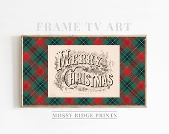 Marco de TV Samsung con diseño vintage de Feliz Navidad, descarga digital de cuadros escoceses de Ralph Lauren, decoración navideña en rojo y verde.