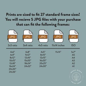 May include: An informational graphic displays print sizes for various frames, including 4x6 inches, 8x10 inches, and 11x14 inches. The image lists 27 standard frame sizes and includes file type icons. Text states that 5 JPG files are included.