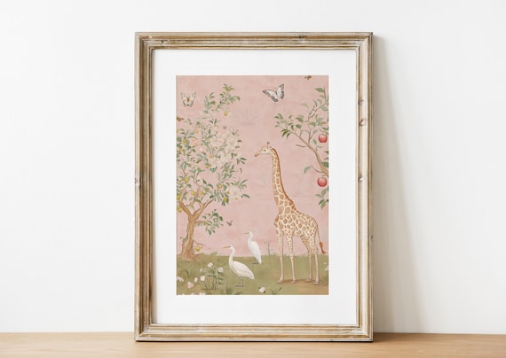 Chinoiserie Printable Wall Art, Pink Nursery Print, Giraffe Nursery Art, Animal Decor, Vintage Cottage Core Poster, Girl Baby Shower Gift