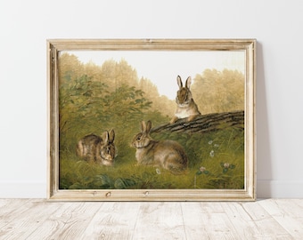 Arte de parede para impressão de coelho da Páscoa, pôster vintage de animal para impressão, decoração de primavera, arte de parede de primavera, impressão vintage para berçário, arte para sala de estar