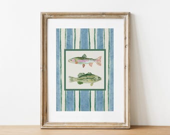 Watercolor Fish Wall Art, Fishing Poster, Trendy Vintage Fisherman Decor, Lake House Wall Art, Boy Nursery Decor, Blue And Green Prints