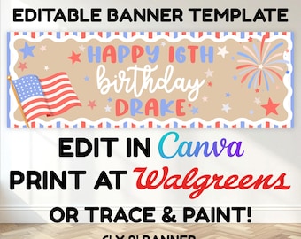Banner de aniversário para o 4 de julho, placa para festa temática dos EUA, modelo digital patriótico editável no Canva, banner imprimível da Walgreens, decoração vermelha, branca e azul.