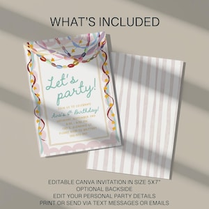 May include: A 5x7 inch birthday invitation card featuring colorful streamers and star decorations. The text reads Let's party! Join us to celebrate Ava's 6th Birthday! Saturday, September 2nd, 4:30-6:30 PM, 1321 E. Glendale Ct. RSVP to Brittney 555-970-2117.