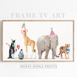 May include: Watercolour painting of a giraffe, elephant, penguin and tiger wearing party hats. The animals are all standing in a line and the giraffe is holding a red balloon. The painting is framed in a light wood frame.