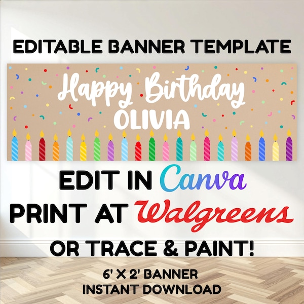 Happy Birthday Banner, Custom Party Sign, Editable Canva Template, Digital Printable Walgreens Banner, Birthday Party Decor