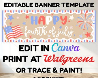 Fourth Of July Banner, USA Party Sign, Patriotic Digital Editable Canva Template, Printable Walgreens Banner, Red White Blue Decor