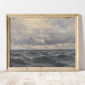 May include: A framed print of a stormy sea with a quote that reads "Peace, be still. Mark 4:39" in white text.