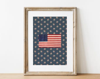 Flower American Flag Poster, USA Wall Art, Fourth of July USA Flag Print, Vintage Americana Wall Decor, Instant Download Printable Art