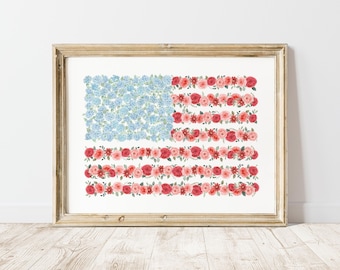 Floral American Flag Downloadable Art, USA Wall Art, Fourth of July USA Flag Print, Coastal Americana Wall Decor, Instant Download Printable
