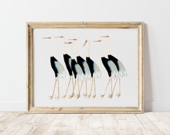 Bird Printable Wall Art, Vintage Painting, Japanese Crane Art, Coastal Vibes, Art for Living Room, Animal Lover Poster, Housewarming Gift
