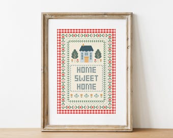 Home Sweet Home Wall Art, Cottagecore Digital Download, Cross Stitch Style Print, Grand Millennial Embroidery Inspired Poster, Gingham Decor
