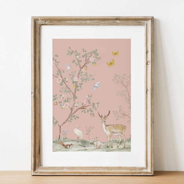 Chinoiserie Druckbare Wandkunst, Rosa Kinderzimmer Druck, Wald Kinderzimmer Kunst, Tier Dekor, Vintage Cottage Kern Poster, Mädchen-Baby-Dusche-Geschenk