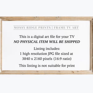 K&ouml;nnte beinhalten: Ein gerahmter digitaler Kunstdruck mit dem Text "MOSSY RIDGE PRINTS | FRAME TV ART". Der Text besagt, dass kein physischer Artikel versendet wird und enth&auml;lt eine hochaufl&ouml;sende JPG-Datei mit 3840 x 2160 Pixeln (16:9-Verh&auml;ltnis).