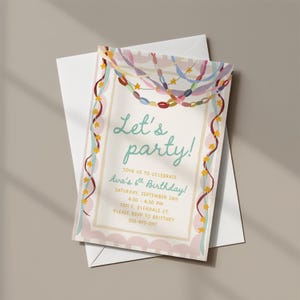 May include: A rectangular birthday invitation card featuring a cream center with the text Let's party! JOIN US TO CELEBRATE Ava's 6th Birthday! SATURDAY, SEPTEMBER 2ND 4:30 - 6:30 PM 1321 E. GLENDALE CT. PLEASE RSVP TO BRITTNEY 555-970-2117, framed by colorful streamers.