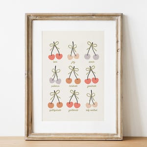 May include: A framed print with a white background and nine illustrations of cherries with green stems and bows. Each cherry pair is labeled with a word, such as "love", "joy", "peace", "patience", "kindness", "goodness", "faithfulness", "gentleness", and "self-control".