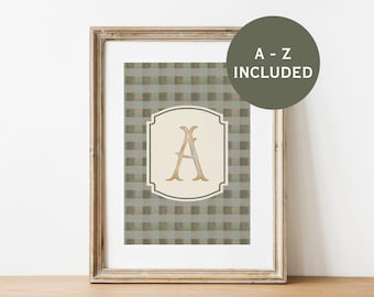 Initial Wall Art, Vintage Monogram Girl Nursery Decor, Personalized Letters Print, Cottagecore Alphabet, Green Plaid Boy Baby Shower Gift